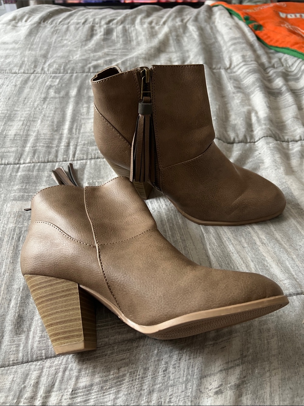 Qupid Taupe Ankle Booties with Tassel Zipper